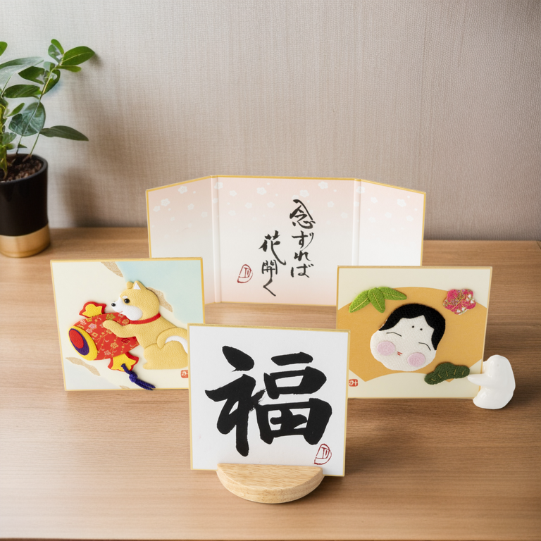 Bundled Product: Themed "Good Fortune" - Shodo and Raised Cloth Artwork, Design 2