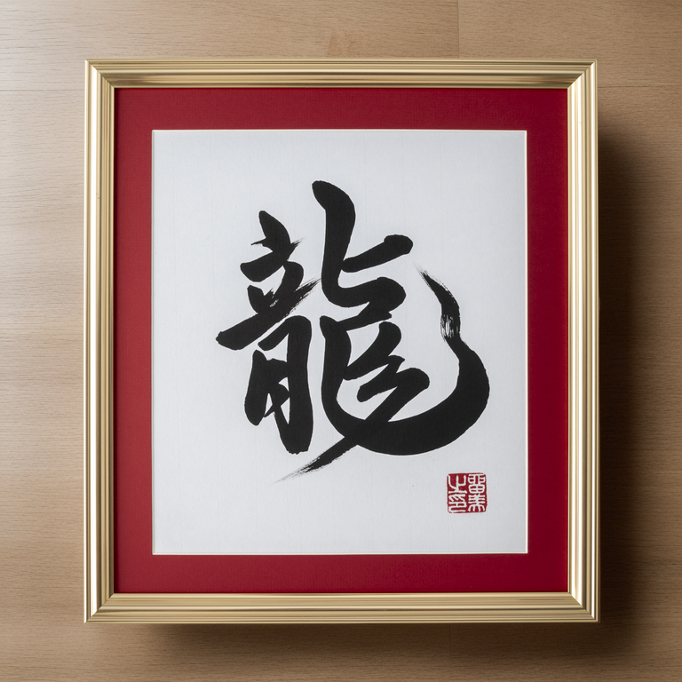 Ryu "Dragon" in Japanese - Gold Frame with Red Mat (Free Shipping)