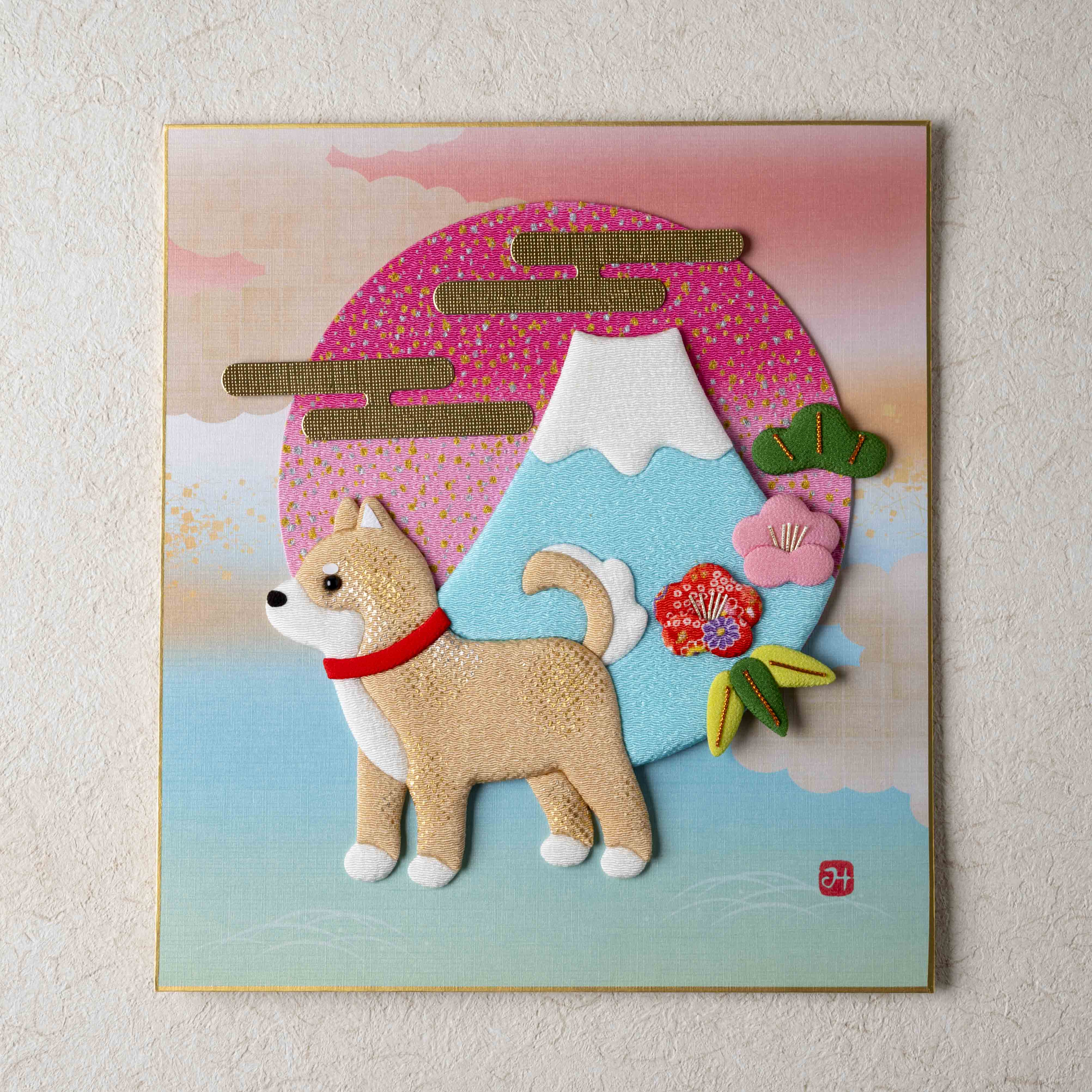 A Dog with Mount Fuji - Gold Frame, Raised Cloth Artwork