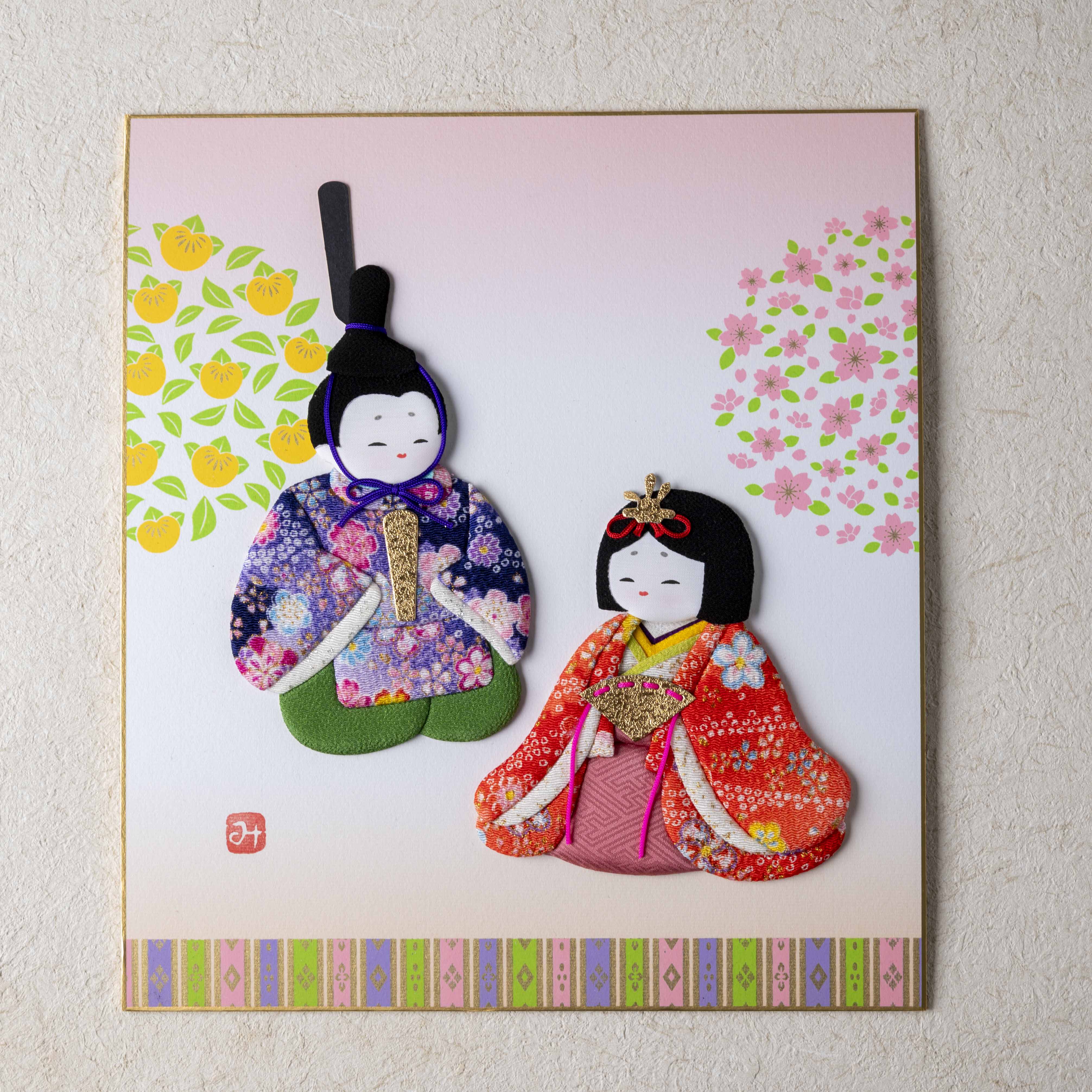 Hina Matsuri - Red and Gold Frame, Raised Cloth Artwork