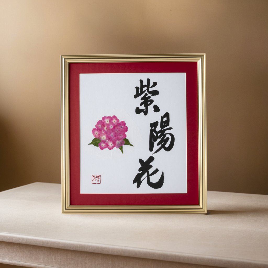 Pressed Flower Ajisai "Hydrangea" in Japanese - Gold Frame with Red Mat, Design 1 (Free Shipping)