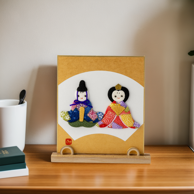 Hina Matsuri - Raised Cloth Artwork, Includes a Bamboo Stand