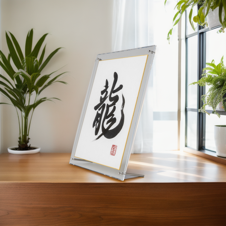 Ryu "Dragon" in Japanese - Acrylic Clear Frame. Handcrafted Japanese Calligraphy Shodo Artwork. (Free Shipping)