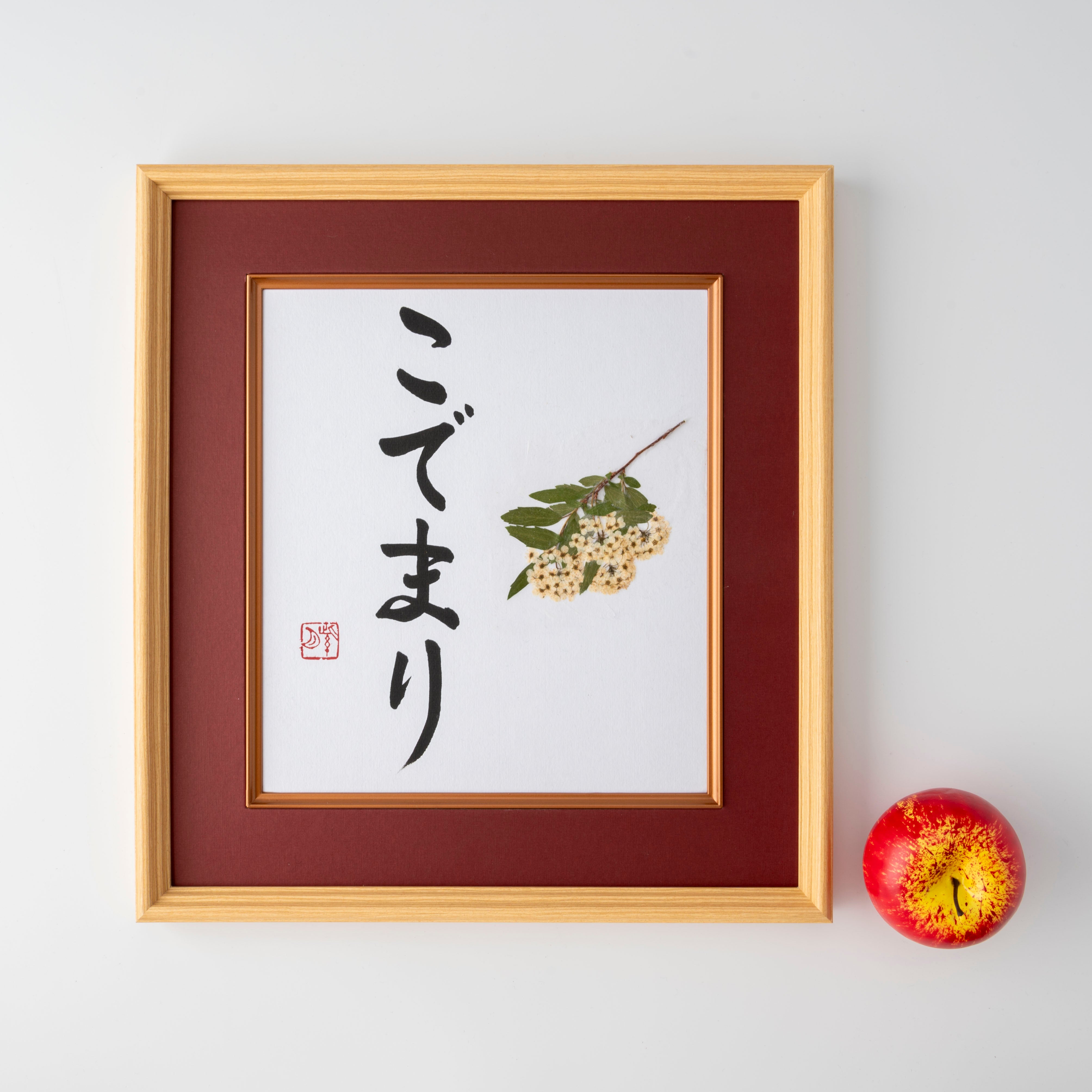 Pressed Flower Kodemari "Reeves Spirea" in Japanese - Wooden Frame with Red Mat, Design 3 (Free Shipping)