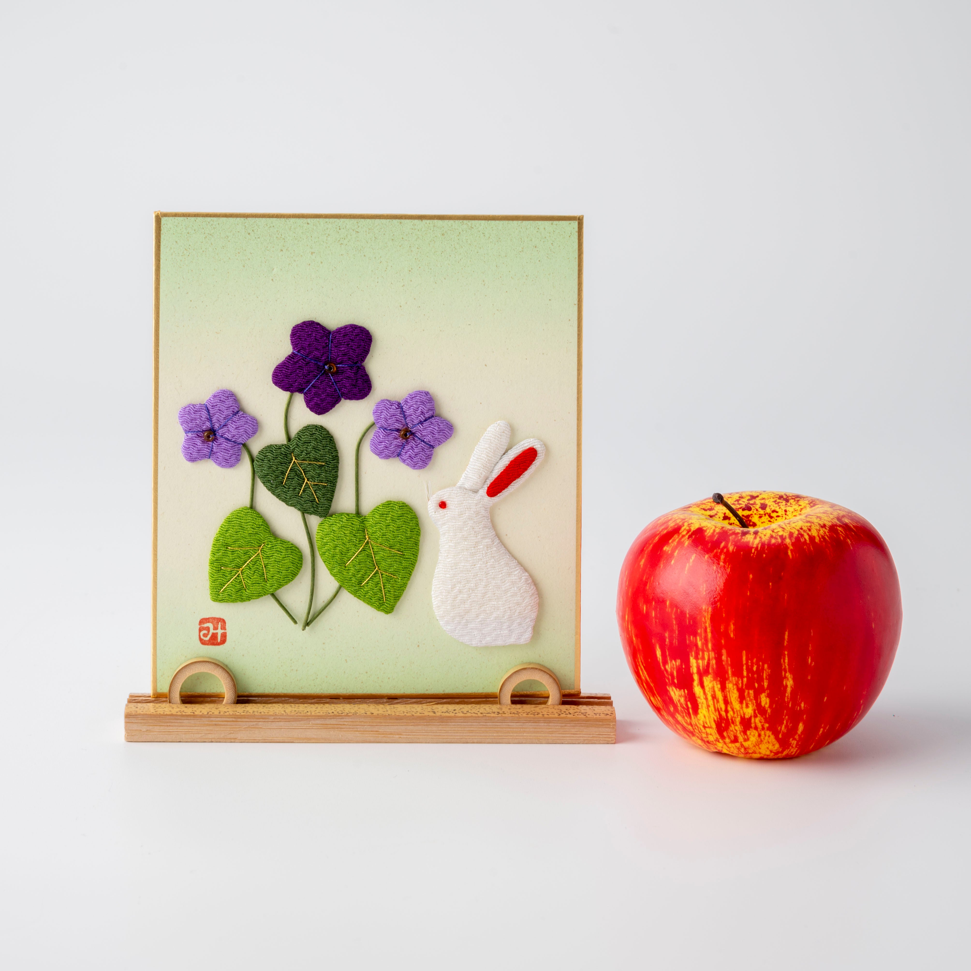 Violet and Rabbit - Raised Cloth Artwork, Includes a Bamboo Stand