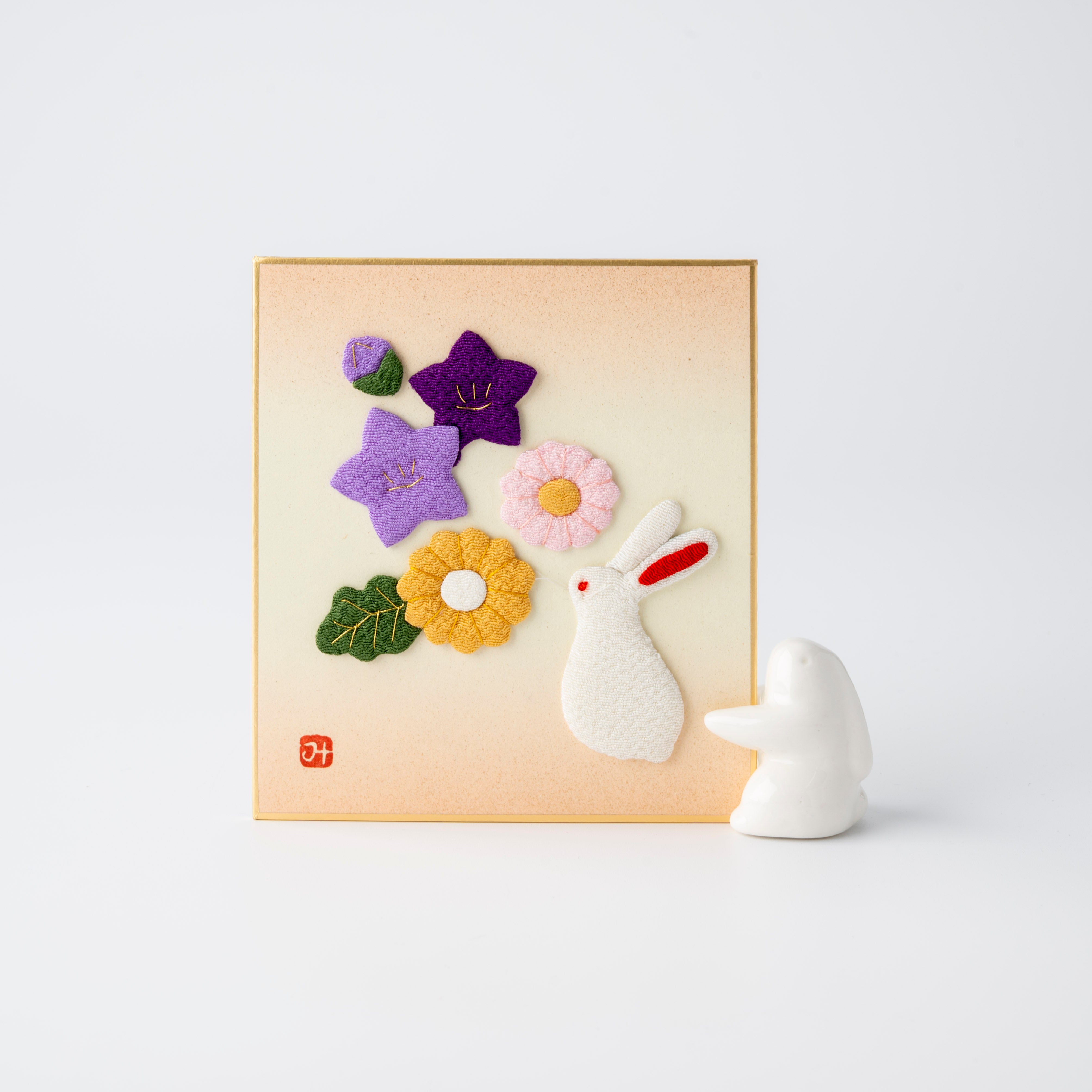 Autumn Flowers and Rabbit - Raised Cloth Artwork, Single Item (No Stand Included)