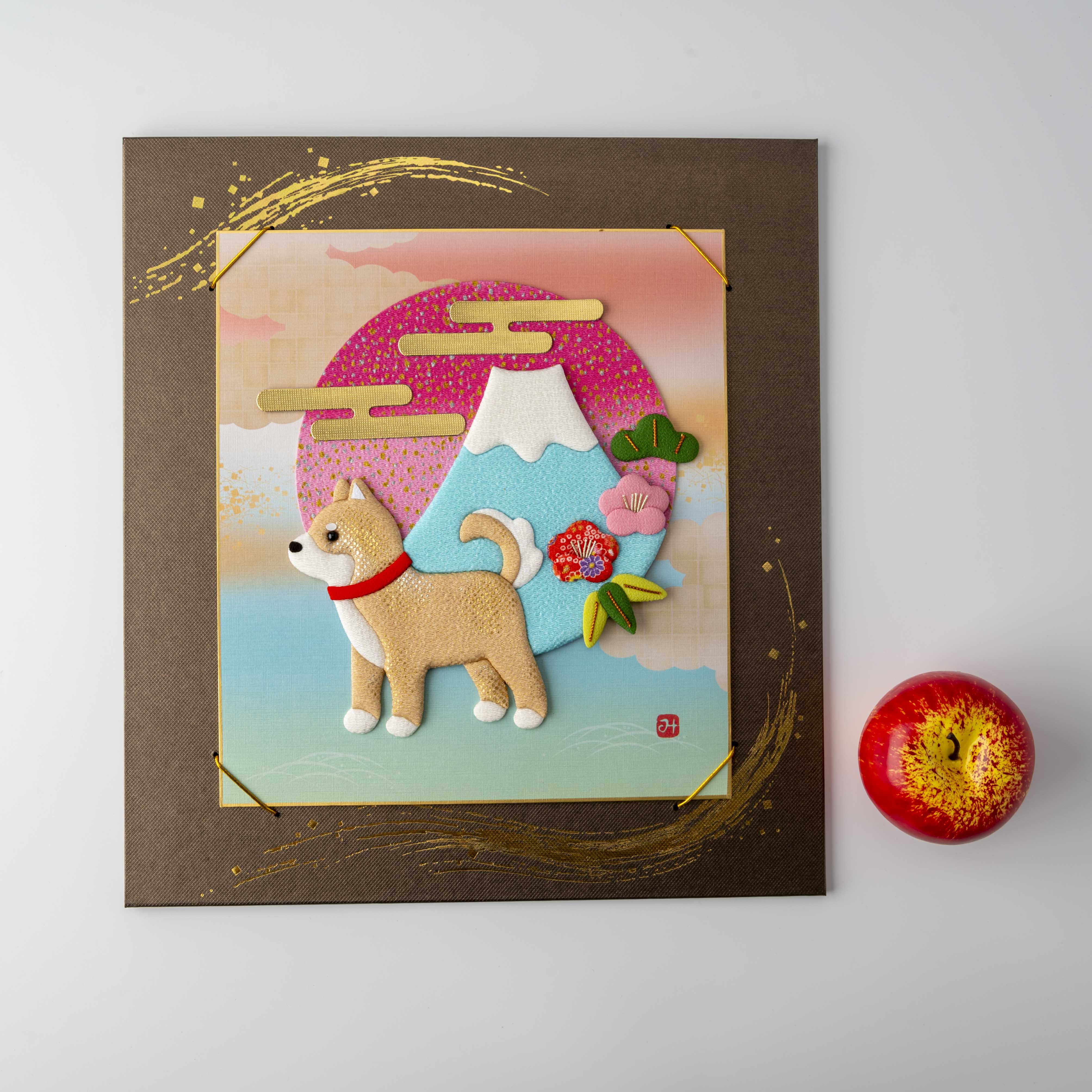 A Dog with Mount Fuji - Brown and Gold Frame, Raised Cloth Artwork