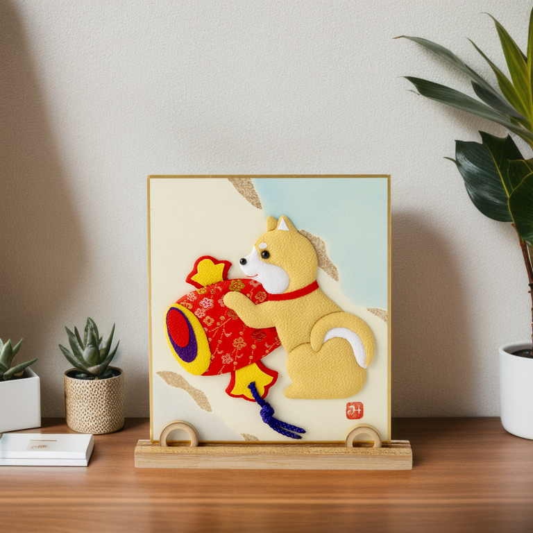 A Dog with a Magic Mallet - Raised Cloth Artwork, Includes a Bamboo Stand