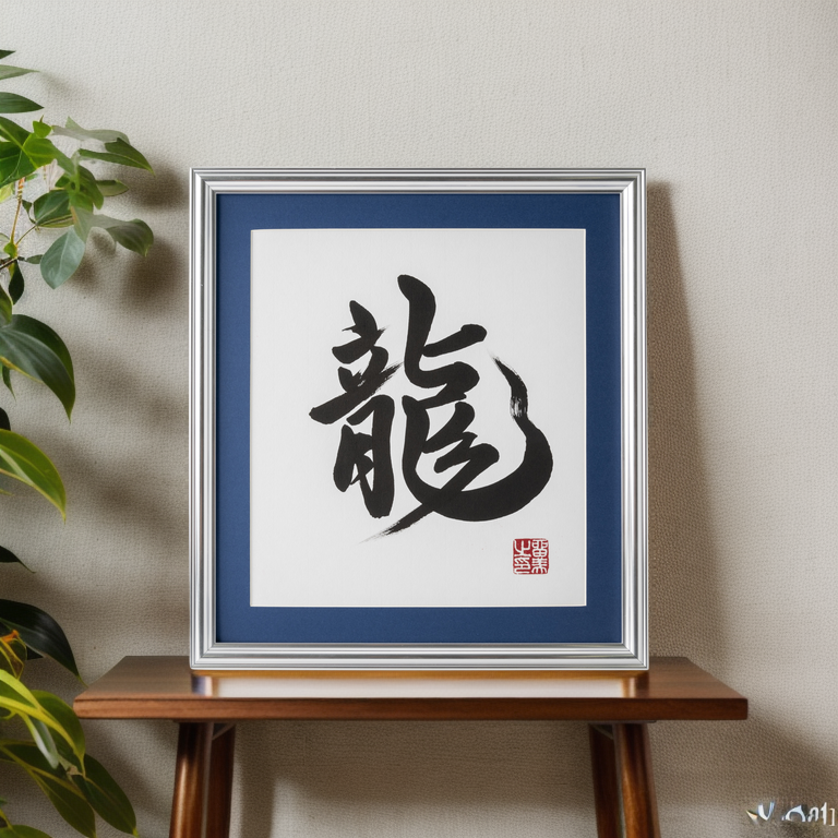 Ryu "Dragon" in Japanese - Silver Frame with Blue Mat (Free Shipping)