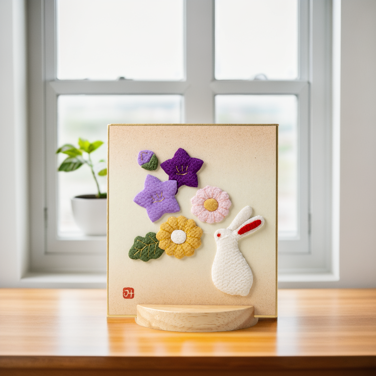 Autumn Flowers and Rabbit - Raised Cloth Artwork, Includes a Wooden Stand