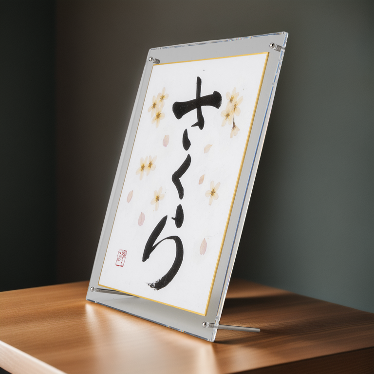 Pressed Flower Sakura "Cherry Blossom" in Japanese - Acrylic Clear Frame, Design 3 (Free Shipping)