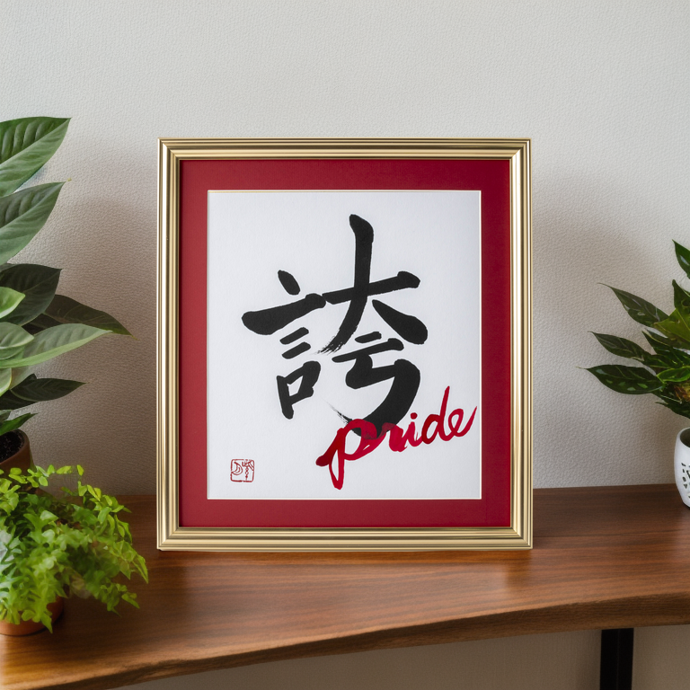 Hokori "Pride" en japonais - cadre en or avec tapis rouge (livraison gratuite)