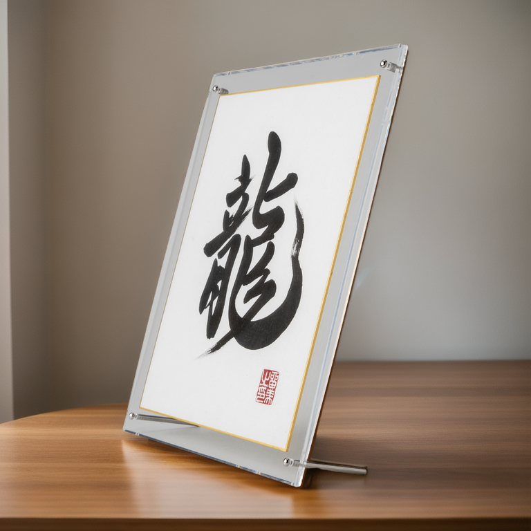 Ryu "Dragon" in Japanese - Acrylic Clear Frame. Handcrafted Japanese Calligraphy Shodo Artwork. (Free Shipping)